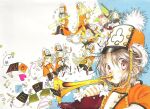  4girls 5boys ^_^ absurdly_long_hair aventura_(manga) band_uniform beard black_capelet black_hair black_hat black_pants black_shoes black_skirt blonde_hair blue_eyes boots braid brown_hair capelet character_request chesford_arshes chris_cottonburg clarinet closed_eyes closed_mouth coat cymbals deformed dress english_text facial_hair flag flute gloves green_eyes hair_over_one_eye hand_up hat holding holding_flag holding_flute holding_instrument holding_trombone holding_trumpet i_heart... instrument lewin_randit long_hair looking_at_another looking_at_viewer looking_to_the_side midorikawa_shin milieu_rouge_tresor multiple_boys multiple_girls mustache official_art old old_man on_one_knee one_eye_closed one_eye_covered open_mouth orange_coat orange_hat pants parted_lips pink_hair playing_flute playing_instrument playing_trumpet pleated_skirt pointy_ears pom_pom_hat_ornament qualfer_riventzel red_eyes rollo_pauiell saxophone semi-rimless_eyewear shako_cap shoes short_hair single_braid skirt smile soela_evenport star_(symbol) string_of_flags third-party_source tilted_headwear traditional_media transverse_flute trombone trumpet very_long_hair white_boots white_dress white_gloves white_hair yellow_eyes yuehua_long 