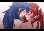  bangs bare_shoulders blue_eyes blue_hair blush breasts closed_eyes eyebrows_visible_through_hair fire_emblem fire_emblem_awakening highres implied_sex kohiu long_hair lucina_(fire_emblem) nude parted_lips red_hair severa_(fire_emblem) small_breasts sweat twintails wet yuri 