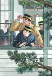  2boys 5boys black_hair blue_coat branch brown_coat coat commentary_request facial_hair fingernails from_outside goatee_stubble golden_kamuy hat hauhaulnd highres koito_otonoshin long_sleeves male_focus multiple_boys open_mouth outdoors peaked_cap pine_tree short_hair stubble sweatdrop tree tsukishima_hajime window 