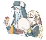  1boy 1girl aiguillette ascot beard blonde_hair blue_eyes blue_hair blue_hat blue_robe breasts capelet closed_eyes closed_mouth commentary crepe cropped_torso dress eiyuu_densetsu facial_hair food from_side fruit fully_genderswapped_group genderswap genderswap_(ftm) genderswap_(mtf) gloves green_ascot grey_dress hair_ribbon half_updo hat hat_flaps highres holding holding_crepe holding_food holding_wallet jusis_albarea long_hair medium_breasts millium_orion musical_note mustache neck_ribbon oxygen00 profile red_ribbon ribbon robe sen_no_kiseki_(series) sen_no_kiseki_iii simple_background straight_hair strawberry sweatdrop two-tone_hat two-tone_robe upper_body wallet white_background white_capelet white_gloves white_hat yellow_ribbon yellow_robe 