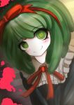  1girl blood blood_splatter blush closed_mouth colored_blood commentary_request danganronpa_(series) danganronpa_another_episode:_ultra_despair_girls eyelashes green_eyes green_hair hair_ribbon hairband kiri_giri41 looking_at_viewer neck_ribbon pink_blood red_hairband red_ribbon ribbon short_hair smile solo split_mouth towa_monaca 