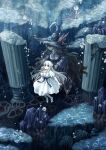  2girls air_bubble black_eyes bubble commentary_request dark_witch_eleine dress ender_lilies_quietus_of_the_knights full_body grey_hair hat highres lily_(ender_lilies) long_hair multiple_girls red_eyes ruins sorakaze_(mire) underwater very_long_hair water white_dress white_hair witch witch_hat 