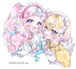  2girls :d above-cleavage_cutout ahoge apron arm_strap barbell_piercing blonde_hair blue_eyes blue_hair blunt_bangs blush braid braided_base clothing_cutout commentary company_name copyright_name copyright_notice cropped_torso crossed_bangs ear_piercing earrings eyelashes gradient_hair hair_ornament hairband heart heart_earrings industrial_piercing jacket jewelry long_hair long_sleeves looking_at_viewer maid maid_apron maid_headdress medium_hair mikan_(mikataaaa) multicolored_hair multiple_girls nail_polish nijisanji official_art open_mouth piercing pink_hair pink_hairband pink_jacket pomelo_punch purin_lala_mode purple_hair purple_hairband purple_nails sample_watermark simple_background smile star_(symbol) star_hair_ornament striped_clothes striped_jacket teeth track_jacket twintails unconventional_maid upper_teeth_only virtual_youtuber watermark white_background wing_hair_ornament x_hair_ornament yellow_jacket 