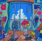  1girl antennae astronaut barefoot blonde_hair blue_shorts blue_sky building cable chair clear_sky clock commentary_request crescent_moon desk drawing_(object) electric_fan fidget_spinner floating_hair highres indoors mikiwo_eko53 moon multicolored_hair notebook one_eye_closed original paper pen pillow pink_hair poster_(object) rocket shirt shorts sky snail_girl solo sticker stuffed_animal stuffed_toy teddy_bear two-tone_hair ufo wall_clock white_shirt wooden_floor 