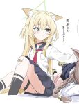 2girls animal_ears aqua_eyes bandaid bandaid_on_knee bandaid_on_leg black_shorts black_socks blonde_hair blue_archive blue_sailor_collar blue_skirt blush braid brown_hair commentary_request fox_ears fox_girl green_halo halo highres kneehighs kurumi_(blue_archive) long_hair looking_at_another multiple_girls neckerchief o_otomaru otogi_(blue_archive) paint_chat_(medium) red_neckerchief sailor_collar shirt short_shorts shorts shorts_under_skirt sidelocks skirt socks thigh_strap two_side_up very_long_braid very_long_hair white_shirt 