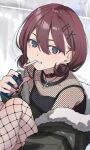  1girl absurdres black_camisole blue_eyes brown_hair brown_jacket camisole christmas clenched_teeth commentary fishnet_top fishnets girls_band_cry hair_between_eyes hair_ornament highres iseri_nina jacket kuji_(orca9ji) looking_at_viewer low_twintails nail_polish pretend_cigarette red_nails short_hair short_twintails single_fishnet_legwear solo teeth twintails x_hair_ornament 
