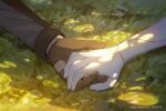 2girls android black_jacket brown_gloves cytus cytus_ii dappled_sunlight gloves grass hand_focus highres holding_hands ivy_(cytus) jacket metal_skin multiple_girls official_art sensenyi skin_seams sunlight vanessa_(cytus) 