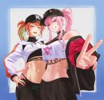  2girls baseball_cap blush breasts commentary commission couple crop_top earrings ego_(takanashi_kiara) english_commentary feather_earrings feathers fishnet_top fishnets gradient_hair halter_shirt halterneck hat hololive hololive_english iskaydi jacket jewelry large_breasts long_hair looking_at_viewer mori_calliope mori_calliope_(streetwear) multicolored_hair multicolored_jacket multiple_girls navel official_alternate_costume orange_hair pants pink_hair ponytail purple_eyes red_eyes red_jacket shirt skull_and_crossbones skull_print smile sweatpants takanashi_kiara track_suit two-tone_jacket virtual_youtuber yuri 