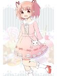  1girl alternate_costume arms_at_sides bag blush_stickers border buttons candy candy_wrapper center_frills character_print cherry chika_taso cookie dot_nose dress eyebrows_visible_through_hair feet_up flat_chest food foot_out_of_frame frilled_legwear frills fruit fur-trimmed_dress fur-trimmed_sleeves fur_trim grey_background hair_ribbon handbag happy highres kaname_madoka knees_together_feet_apart kyubey lace_border light_blush lollipop macaron mahou_shoujo_madoka_magica mary_janes open_mouth pastel_colors pink_dress pink_eyes pink_hair pink_ribbon pom_pom_(clothes) red_footwear red_ribbon ribbon ribbon_print shoes short_dress short_twintails simple_background skirt_hold socks solo standing standing_on_one_leg striped striped_background sweets tareme twintails vertical_stripes white_border white_legwear 