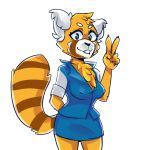  2019 aggressive_retsuko ailurid anthro bottomwear breasts chest_tuft clothed clothing female fur gesture grin hand_behind_back looking_at_viewer mammal nipple_outline portrait red_panda retsuko rin_tyan sanrio simple_background skirt smile solo standing three-quarter_portrait tuft v_sign white_background yellow_body yellow_fur 