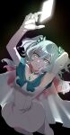  1girl absurdres aqua_eyes aqua_hair arm_behind_head armpits arms_up black_background cape chest_jewel closed_mouth colored_inner_hair commentary_request crysta_(duel_masters) dress duel_masters duel_masters_lost elbow_gloves floating_card from_above gem_hair_ornament gloves glowing_card gorilla_3355 highres long_hair multicolored_hair pink_hair smile solo thighhighs two_side_up white_cape white_dress white_gloves white_thighhighs 