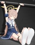  1girl absurdres alternate_costume armpits arms_up artist_name blue_archive blue_dress blue_sleeves blush bound bound_legs bound_wrists bow bowtie brown_hair chinese_commentary closed_eyes collarbone commentary_request detached_sleeves dress facing_down feet fingernails foot_focus full_body furrowed_brow hair_flaps hair_ornament hair_ribbon halo head_down hifumi_(blue_archive) highres long_hair low_twintails mo_moon outstretched_legs parted_lips partial_commentary pole restrained ribbon sailor_collar sailor_dress sandals shadow sitting sleeveless sleeveless_dress solo toenails toes twintails u_u variant_set very_long_hair white_bow white_bowtie white_sailor_collar white_sandals wing_hair_ornament winged_halo yellow_halo 