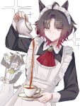  2girls ahoge animal_ears apron ascot black_dress blue_eyes breasts brown_hair closed_mouth commentary cup decantering dress enmaided failure fang gradient_hair hair_over_one_eye highres holding holding_saucer holding_teapot horse_ears horse_girl horse_tail long_sleeves looking_at_viewer maid maid_apron maid_headdress multicolored_hair multiple_girls open_mouth pouring red_ascot red_hair rose_kingdom_(umamusume) rulership_(umamusume) saucer shaded_face short_hair sorekara_64 streaked_hair tail tea teacup teapot two-tone_hair umamusume white_apron white_headdress yellow_ascot 