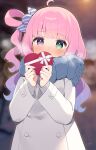  1girl absurdres ahoge alternate_costume blue_scarf blurry blush bow box candy_hair_ornament coat commentary_request covered_mouth depth_of_field dot_nose food-themed_hair_ornament gift gradient_hair green_eyes grey_sweater hair_ornament hair_rings heart heart-shaped_box heart_in_eye heterochromia highres himemori_luna holding holding_gift hololive long_hair long_sleeves looking_at_viewer multicolored_hair nyasunyadoora one_side_up pink_hair purple_eyes purple_hair scarf single_hair_ring solo sweater symbol_in_eye textless_version virtual_youtuber wavy_hair white_bow white_coat 