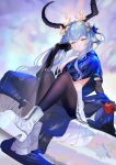  1girl absurdres andersonalac animal_ears apple arknights black_gloves black_horns black_pantyhose blue_hair blue_sash boots chinese_commentary commentary_request cow_ears cow_girl cow_horns cynisca_(arknights) elbow_gloves flower food fruit full_body gloves hair_flower hair_ornament hair_rings half-closed_eyes head_rest highres holding holding_food holding_fruit horns laurel_crown leg_up long_hair looking_at_viewer one_side_up pantyhose pink_eyes platform_boots sash single_hair_ring sitting skirt solo vambraces white_boots white_skirt 