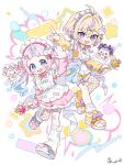  2girls :d above-cleavage_cutout ahoge apron arm_up artist_name bandaid bandaid_on_knee bandaid_on_leg belt blonde_hair bloomers blue_belt blue_eyes blue_hair blunt_bangs blush bow clothing_cutout commentary_request crossed_bandaids crossed_bangs detached_sleeves ear_piercing earrings eyelashes fishnet_thighhighs fishnets footwear_bow frilled_apron frills gold_ring gradient_hair hair_between_eyes hair_intakes hair_ornament hairband hairclip hand_up heart heart_wand highres holding holding_wand index_finger_raised jacket jersey_maid jewelry long_hair long_sleeves looking_at_viewer loose_socks maid maid_apron maid_headdress medium_hair mimirun multicolored_hair multiple_girls nail_polish nijisanji o-ring o-ring_belt o-ring_thigh_strap official_artist_extra open_mouth outstretched_arm piercing pink_bow pink_hair pink_hairband pink_jacket pink_nails pink_shoes pink_skirt pleated_skirt pointing pomelo_punch purin_lala_mode purple_belt purple_bow purple_eyes purple_hair purple_hairband purple_nails ring shiputan shoes shorts sidelocks signature single_thighhigh skirt sleeveless sleeveless_jacket smile socks star_(symbol) star_wand thigh_strap thighhighs track_jacket twintails uekura_eku unconventional_maid virtual_youtuber wand white_apron white_background white_bloomers white_socks wing_hair_ornament wolf_cut x_hair_ornament yellow_jacket yellow_shorts yellow_sleeves zipper_pull_tab 