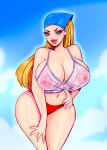  1girl blonde_hair blue_eyes blue_sky breasts cloud day english_commentary hand_on_own_hip highres large_breasts lindsay_(total_drama) lips long_hair looking_at_viewer martin_stvartak navel nipples outdoors panties red_panties see-through_clothes see-through_shirt shirt sky solo thick_eyelashes thick_lips total_drama underwear white_shirt 