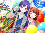  2girls :d ^_^ amami_haruka bag balloon blue_hair blue_sweater bow brown_eyes brown_hair closed_eyes commentary_request dutch_angle earbuds earphones grey_jacket hair_bow idolmaster idolmaster_(classic) indoors jacket kisaragi_chihaya kisaragi_ichigo lapels long_hair multiple_girls notched_lapels open_clothes open_jacket open_mouth party party_popper red_bow short_hair shoulder_bag smile standing sweater v-neck 