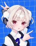  1girl :o \m/ absurdres arm_behind_head arm_up black_vest blonde_hair blue_background blue_bow blue_bowtie blunt_bangs bow bowtie collared_shirt commentary_request double_\m/ grid_background hair_intakes hair_ornament hand_up highres long_sleeves looking_at_viewer o_henji_madakana_ojisan_koubun_(voisona) open_mouth pom_pom_(clothes) pom_pom_hair_ornament red_eyes sakanoi_noa shirt short_hair solo two_side_up ui_(voisona) upper_body vest voisona white_shirt 