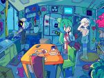  1girl 2others android blue_sky bone calendar_(object) chair clear_sky commentary cup dishwashing double_bun electrical_outlet food green_eyes green_hair hair_bun highres indoors lizard long_hair magnet mikiwo_eko53 monitor mug multiple_others original pancake plant plate rabbit refrigerator robot rug shelf sink skirt sky snake stool stuffed_toy suspender_skirt suspenders table television trash_can tree window 