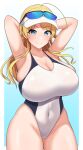  1girl absurdres ahoge arm_behind_head armpits blonde_hair blue_background blue_eyes breasts commentary_request competition_swimsuit covered_navel cowboy_shot gradient_background hachimiya_meguru highleg highleg_one-piece_swimsuit highres huge_breasts idolmaster idolmaster_shiny_colors long_hair neon030 one-piece_swimsuit solo swimsuit visor_cap white_one-piece_swimsuit white_visor_cap 