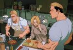  ... 1girl 2boys anger_vein apron billy_kane black_hair blue_eyes blue_mary blush carrot_slice celery clenched_teeth closed_eyes commentary cooking cutting_board earrings eating egg_print english_commentary food_in_mouth hair_slicked_back highres holding holding_pan holding_spatula jewelry kitchen multicolored_hair multiple_boys muscular muscular_male musical_note plasticcero99 potato_wedges shirt short_hair short_sleeves spatula spoken_ellipsis spoken_musical_note stud_earrings t-shirt teeth the_king_of_fighters tomato tomato_slice two-tone_hair white_shirt yamazaki_ryuuji 