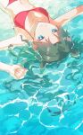  1girl bikini black_hair blue_eyes breasts closed_mouth commentary_request fate/hollow_ataraxia fate/stay_night fate_(series) floating hair_ribbon halterneck highres long_arms long_hair medium_breasts red_bikini ribbon signature smile solo string_bikini swimsuit tohsaka_rin triangle_bikini_top twintails two_side_up water xxxxay 
