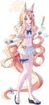  1girl alternate_costume animal_ear_fluff animal_ears bird blonde_hair blue_archive blush bow closed_mouth commentary_request crop_top cross_halo food fox_ears fox_girl frilled_thigh_strap full_body halo hand_up highres holding holding_food holding_popsicle long_hair looking_at_viewer natie navel popsicle sandals seia_(blue_archive) simple_background skirt solo standing stomach tail thigh_strap very_long_hair white_background white_bird white_skirt yellow_bow yellow_eyes 