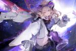 1girl :d absurdres arknights arknights:_endfield breasts commentary curled_horns demon_tail dress flying foreshortening gloves hairband highres horns liino_(arknights) long_hair looking_at_viewer mecha_musume multicolored_horns nail_polish open_mouth partially_fingerless_gloves pointy_ears purple_eyes purple_gloves purple_hairband purple_horns purple_tail see-through_clothes see-through_sleeves smile solo star-shaped_pupils star_(symbol) symbol-shaped_pupils tail thighhighs two-tone_horns untranslatable_commentary zombie_ke 