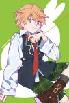  1boy artist_name black_vest blonde_hair boots brown_boots closed_mouth commentary english_commentary figure_four_sitting green_background green_eyes highres invisible_chair kingkrcoo light_blush long_sleeves looking_at_viewer male_focus oz_vessalius pandora_hearts plaid_clothes plaid_shorts pocket_watch rabbit_background shirt short_hair shorts simple_background sitting sleeves_past_wrists smile solo two-tone_background vest waistcoat watch white_background white_shirt 