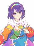  1girl blush dress flat_chest hairband highres looking_at_viewer multicolored multicolored_clothes multicolored_dress nipple_slip nipples nose_blush purple_eyes purple_hair rainbow short_hair simple_background solo sweat tenkyuu_chimata touhou wasabisuke white_background 