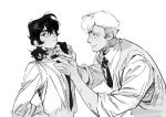  2boys arms_up atie1225 closed_mouth collared_shirt commentary frown greyscale hair_behind_ear highres jacket keith_(voltron) lapels long_hair looking_to_the_side male_focus medium_sideburns monochrome multiple_boys necktie nervous_sweating parted_bangs scar scar_on_arm scar_on_face shirt sideburns simple_background smile sweat takashi_shirogane tying_necktie undercut untranslatable_commentary upper_body voltron:_legendary_defender voltron_(series) white_background wing_collar 