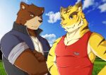  2boys absurdres animal_ears bara bear_boy bear_ears biceps blue_jacket blush boneless_hamham brown_fur closed_mouth collarbone commentary_request crossed_arms fangs furry furry_male grin hands_on_own_hips highres jacket juuichi_mikazuki looking_at_viewer male_focus morenatsu multiple_boys muscular muscular_male one_eye_closed red_tank_top shirt smile tank_top tiger_boy tiger_ears tiger_stripes torahiko_oshima track_jacket white_shirt yellow_fur 