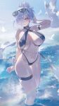  1girl absurdres arm_strap bird black_choker black_slingshot_swimsuit breasts breasts_apart choker cinderella_(crystal_wave)_(nikke) cinderella_(nikke) commentary day eyewear_on_head flower goddess_of_victory:_nikke grin groin hair_over_one_eye highres jewelry large_breasts looking_at_viewer megu_(jim48834420) navel necklace official_alternate_costume outdoors rainbow red_eyes skindentation slingshot_swimsuit smile solo standing standing_on_liquid sunglasses swimsuit thigh_strap water white_bird white_flower white_hair 