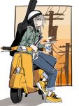  1girl cigarette closed_mouth commentary cup denim disposable_cup from_side green_jacket grey_eyes grey_hair guitar_case helmet highres holding holding_cup instant_noodles instrument_case jacket jeans motor_vehicle motorcycle_helmet nissin_cup_noodle nissin_cup_noodle_seafood on_scooter open_clothes open_jacket original pants power_lines scooter shirt shoes sitting sneakers solo torn_clothes torn_jeans torn_pants untranslatable_commentary utility_pole white_shirt zeroshiki_(zzrrsskk) 