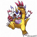  absurdres animal_nose arm_up body_fur claws clenched_hands colored_skin commentary digimon digimon_(creature) fangs full_body gabumon highres horns looking_at_viewer no_humans open_mouth red_eyes sharp_teeth signature simple_background single_horn smile solo teeth twitter_username watagashikn white_background yellow_skin 
