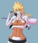  1girl abs absurdres aqua_background aqua_eyes arm_under_breasts bleach blonde_hair breast_tattoo breasts commentary crop_top crossed_bangs dark-skinned_female dark_skin gloves hair_between_eyes hair_tie highres hip_bones holding holding_weapon large_breasts long_hair lowleg mask mouth_mask navel number_tattoo revealing_clothes sheath sheathed solo sonzhondaya sword tattoo tier_harribel underboob upper_body weapon white_gloves 