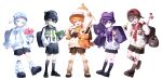  5boys :d aged_down arm_up backpack backwards_hat bag bandaid bandaid_on_face bandaid_on_knee bandaid_on_leg bandaid_on_nose baseball_bat baseball_cap baseball_mitt black_hair black_shoes black_shorts black_socks blue_eyes blue_hair blue_leg_warmers book bow bowtie bucket camera candy character_name commentary_request expressionless fang flag food gauze gauze_on_cheek gauze_on_knee green_eyes half-closed_eyes hand_in_pocket handheld_game_console hat highres holding holding_book holding_candy holding_flag holding_food holding_handheld_game_console holding_lollipop iro_cloud korean_commentary koyo_tempest leg_warmers legwear_garter loafers lollipop long_sleeves looking_at_viewer loose_necktie male_focus mob_cap multiple_boys name_tag necktie newsboy_cap nino_sunday official_art open_book open_mouth orange_eyes orange_hair oto_rainy purple_bow purple_bowtie purple_eyes purple_hair purple_hat randoseru red_eyes red_hat red_necktie robo_frostor round_eyewear shoes short_hair shorts skin_fang skoshism sleeve_rolled_up smile socks striped_leg_warmers stuffed_animal stuffed_fox stuffed_ghost stuffed_toy sweater tamagotchi_(virtual_pet) thighs virtual_pet_(toy) virtual_youtuber white_sweater zetto023 