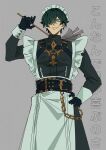  1boy absurdres apron arm_up black_dress black_gloves chain closed_mouth commentary_request crossdressing crossdressing_(mtf) dress enmaided frilled_apron frills frown gloves green_hair grey_background hair_over_one_eye hand_on_own_hip highres holding lighter_(zenless_zone_zero) looking_at_viewer maid maid_apron maid_headdress male_focus male_maid mokomokololo one_eye_covered parted_bangs short_hair sleeve_cuffs solo standing translation_request white_apron zenless_zone_zero 