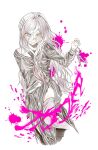  1girl blood blood_splatter blush collared_shirt colored_blood commentary_request danganronpa_(series) danganronpa_another_episode:_ultra_despair_girls ddux2_ba eyelashes fukawa_toko glasses hair_between_eyes hair_ornament hairclip highres long_hair long_sleeves mole mole_under_mouth neckerchief pink_blood purple_eyes purple_hair round_eyewear sailor_collar school_uniform scissors serafuku shirt simple_background skirt solo sweat thighhighs torn_clothes torn_neckerchief torn_skirt white_background 