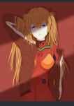  1girl absurdres arm_behind_head asuka_hk blue_eyes bodysuit breasts chinese_commentary closed_mouth commentary_request crack_of_light evangelion:_2.0_you_can_(not)_advance hair_between_eyes highres hood hoodie interface_headset_(evangelion) long_hair mecha_pilot_suit medium_breasts neon_genesis_evangelion orange_hair plugsuit_(evangelion) rebuild_of_evangelion red_background red_bodysuit red_hoodie simple_background solo souryuu_asuka_langley two_side_up upper_body 
