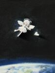  1girl angel angel_wings animal barefoot black_background dress earth_(planet) floating helmet hidari_(nanmu-left) highres original outstretched_arms planet rabbit short_hair space space_helmet white_dress white_hair white_wings wings 