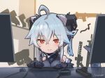  1girl absurdres ahoge artist_name breasts closed_mouth commentary_request computer_mouse desk glock grey_hair gun hair_between_eyes handgun headgear highres m004_(natsukaze_shigure) monitor motion_lines natsukaze_shigure original red_eyes slit_pupils smile upper_body weapon 