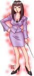  1girl 2000 bad_id black_shirt blush breasts brown_eyes brown_hair cleavage commentary full_body hand_on_own_hip high_heels hime_cut holding holding_pointer jacket large_breasts lipstick long_hair looking_at_viewer lowres makeup mosaic_background nin_nin! office_lady ojamajo_doremi open_mouth pointer purple_jacket purple_skirt purple_suit seki-sensei_(ojamajo_doremi) shirt skirt skirt_suit solo standing suit teacher turtleneck white_background 