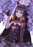  1girl arimoto_wataru bangs bare_shoulders black_gloves blunt_bangs blush breasts eyebrows_visible_through_hair flower flower_knot gloves highres hololive hololive_english hydrangea long_hair looking_at_viewer ninomae_ina&#039;nis petals pointy_ears purple_eyes purple_hair shiny shiny_hair small_breasts smile solo tentacle_hair virtual_youtuber water white_background 