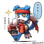  1boy animal_ears animal_nose blue_fur body_fur boxing_gloves claws commentary_request cup digimon digimon_(creature) dog_boy dog_ears fangs full_body furry furry_male gaomon headband highres holding holding_saucer male_focus open_mouth red_headband running saucer signature simple_background solo sparkle speech_bubble steam sweatdrop tail teacup translation_request twitter_username watagashikn white_background yellow_eyes 