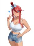  1girl absurdres bare_shoulders blue_eyes breasts chesshiire commission commissioner_upload cowboy_shot crop_top denim denim_shorts earrings hair_ornament hand_on_own_hip heart highres hoop_earrings jewelry large_breasts looking_at_viewer navel non-web_source pants pokemon pokemon_black_and_white red_hair shirt short_hair_with_long_locks shorts skyla_(pokemon) solo torn_clothes torn_pants v vgen_commission white_background white_shirt 