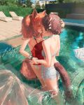  2girls 3d_background absurdres angelina_(arknights) angelina_(summer_flower)_(arknights) animal_ears arknights bikini brown_hair casual_one-piece_swimsuit caustics choker chromatic_aberration commentary commission cross-laced_clothes cross-laced_shorts day denim denim_shorts english_commentary english_text film_grain fox_ears fox_girl fox_tail french_kiss gandy_(gan3e46) grabbing_another's_hand hand_in_another's_hair highres kiss material_growth multiple_girls official_alternate_costume one-piece_swimsuit oripathy_lesion_(arknights) otter_ears otter_girl otter_tail outdoors partially_immersed pool red_one-piece_swimsuit roberta_(arknights) roberta_(summer_flowers)_(arknights) short_shorts shorts sideless_shorts signature spaghetti_strap swimsuit tail water white_bikini white_choker white_shorts yuri 
