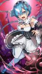  1girl :o absurdres ball_and_chain_(weapon) black_shoes blue_eyes blue_hair blush breasts cleavage commentary_request demon_girl detached_sleeves dress glint hair_ornament hair_over_one_eye hair_ribbon highres holding holding_weapon horns kanihara_hitori looking_at_viewer maid maid_headdress medium_breasts open_mouth pink_ribbon re:zero_kara_hajimeru_isekai_seikatsu rem_(re:zero) ribbon ribbon_trim roswaal_mansion_maid_uniform shoes short_hair single_horn solo spiked_ball_and_chain teeth thighhighs weapon x_hair_ornament 