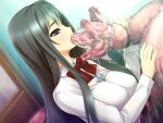  1girl black_eyes black_hair bow breasts consensual_tentacles divine_heart_makina game_asset jewelry kuroishi_ringo kurusu_makina_(divine_heart_makina) large_breasts long_hair long_tongue monster_girl necklace non-web_source official_art open_mouth saliva school_uniform self-datamine slime_(substance) solo tears tentacles tongue variant_set visual_novel_cg 
